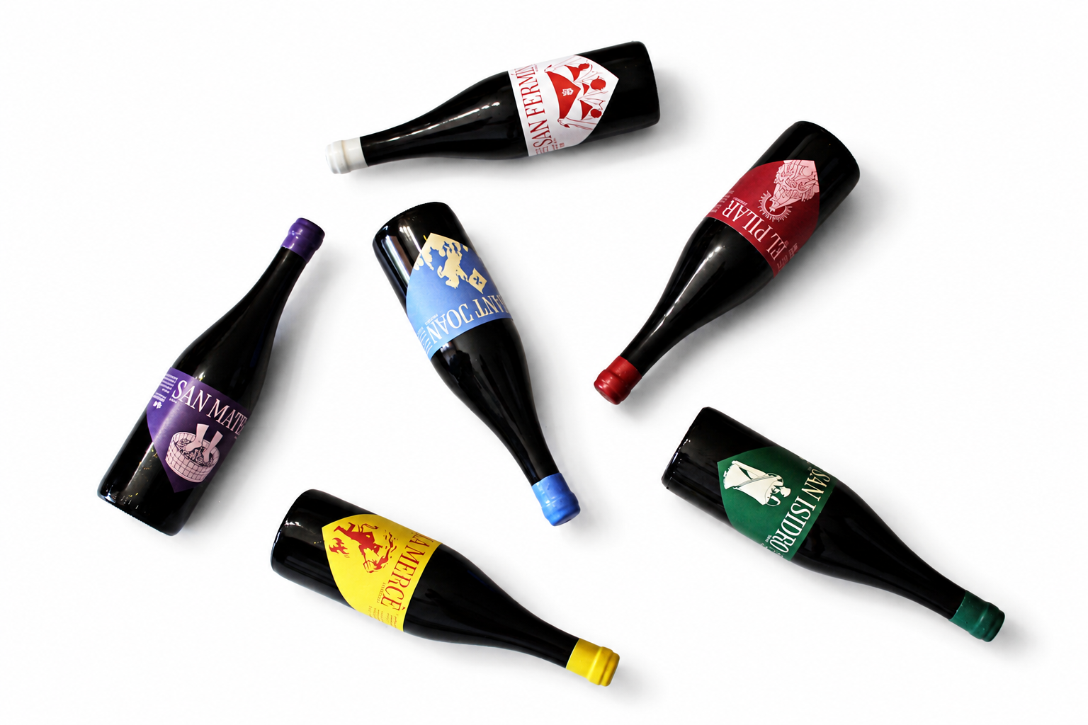 Las seis botellas en composición circular